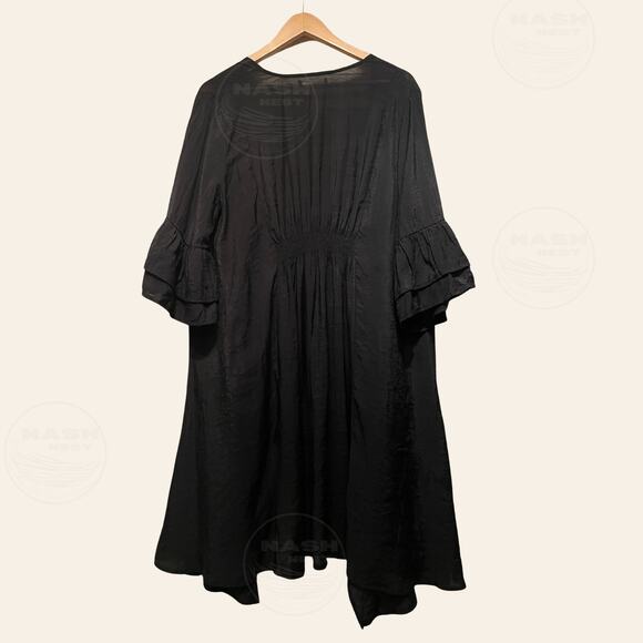 Mystical Avant Garde Black Duster Kimono | Smocked Waist Pockets Ruffle Art Wear - Picture 9 of 9